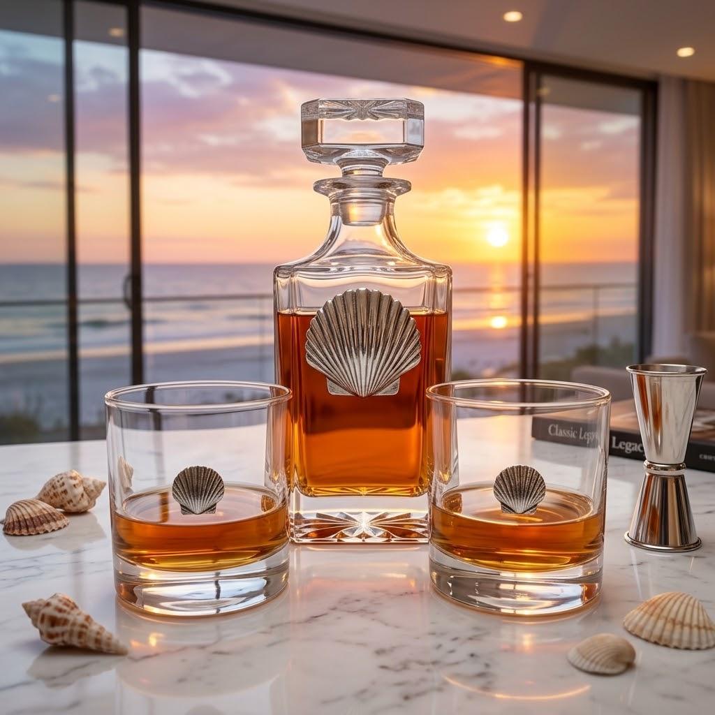 Decanter Set with Silver Shells Set includes large decanter and two bourbon glasses
