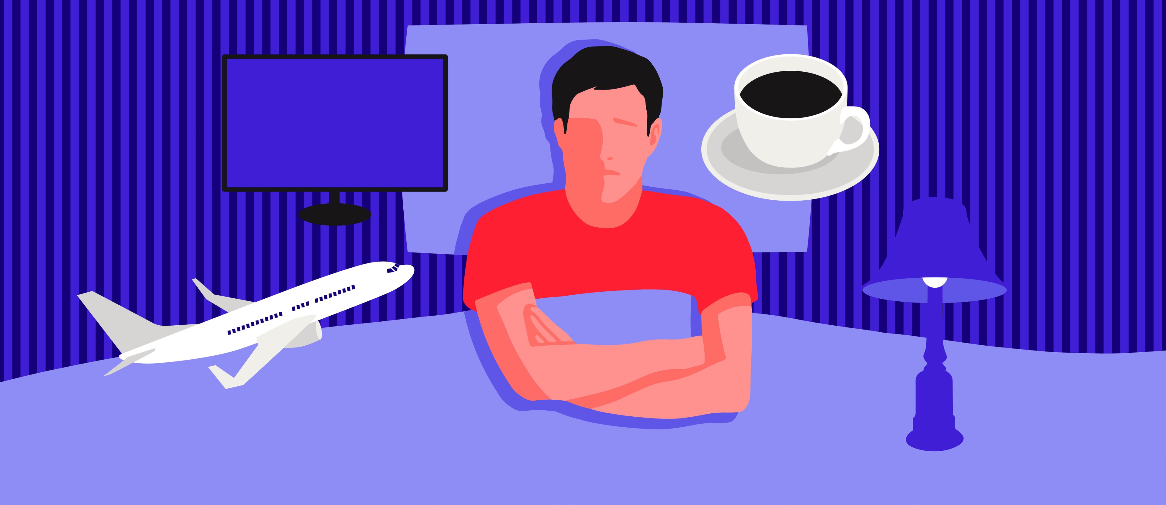 A man with insomnia lying awake in bed with a lamp, a cup of coffee, a TV and an airplane floating over his head.