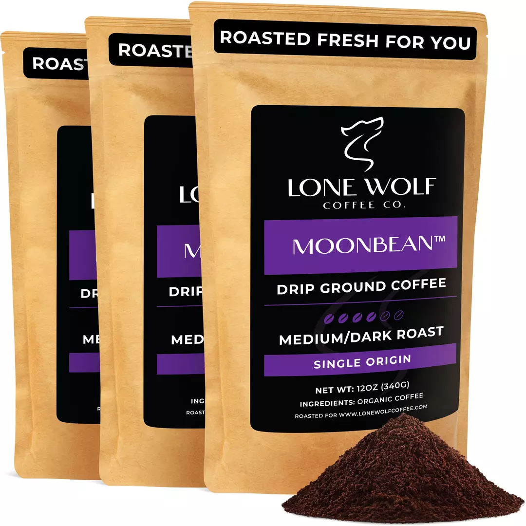 Three 12oz bags of Lone Wolf Coffee’s Moonbean Medium-Dark Roast Drip Ground coffee bag product photo