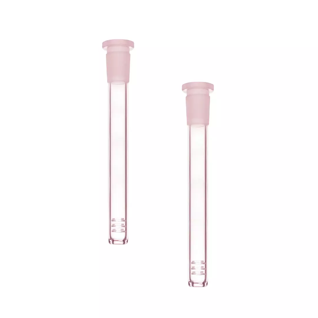 Two Pink Lemonade Prism branded 14mm glass downstems featuring precision-cut slits for micro-bubble atomization. These removable modular downstems provide the initial stage of filtration by increasing surface area and cooling smoke before it enters the bong base.