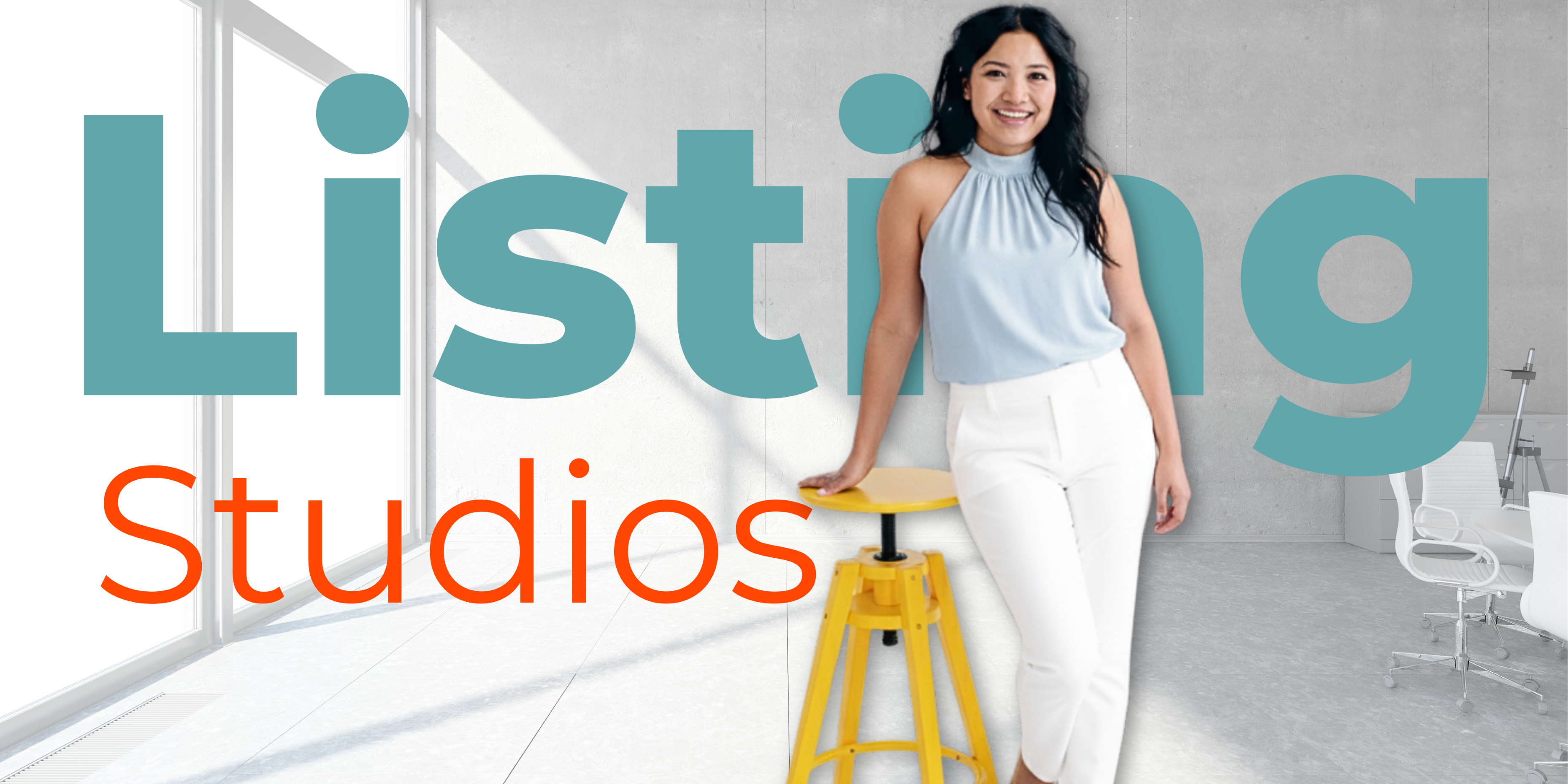 Tina in a modern office with Listing Studios text