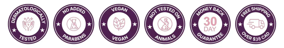 Dermatologically tested, No added Parabens, Vegan, Not tested on animals, 30 days money back guarantee badge_Desktop