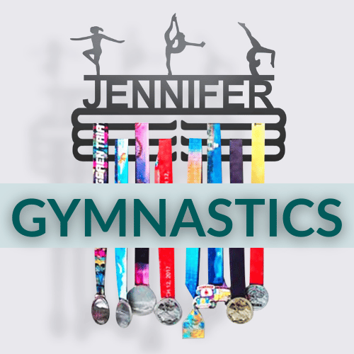 Personalized Gymnastics Medal Hanger in matte black steel with a custom name — Athlete's Gift Shop