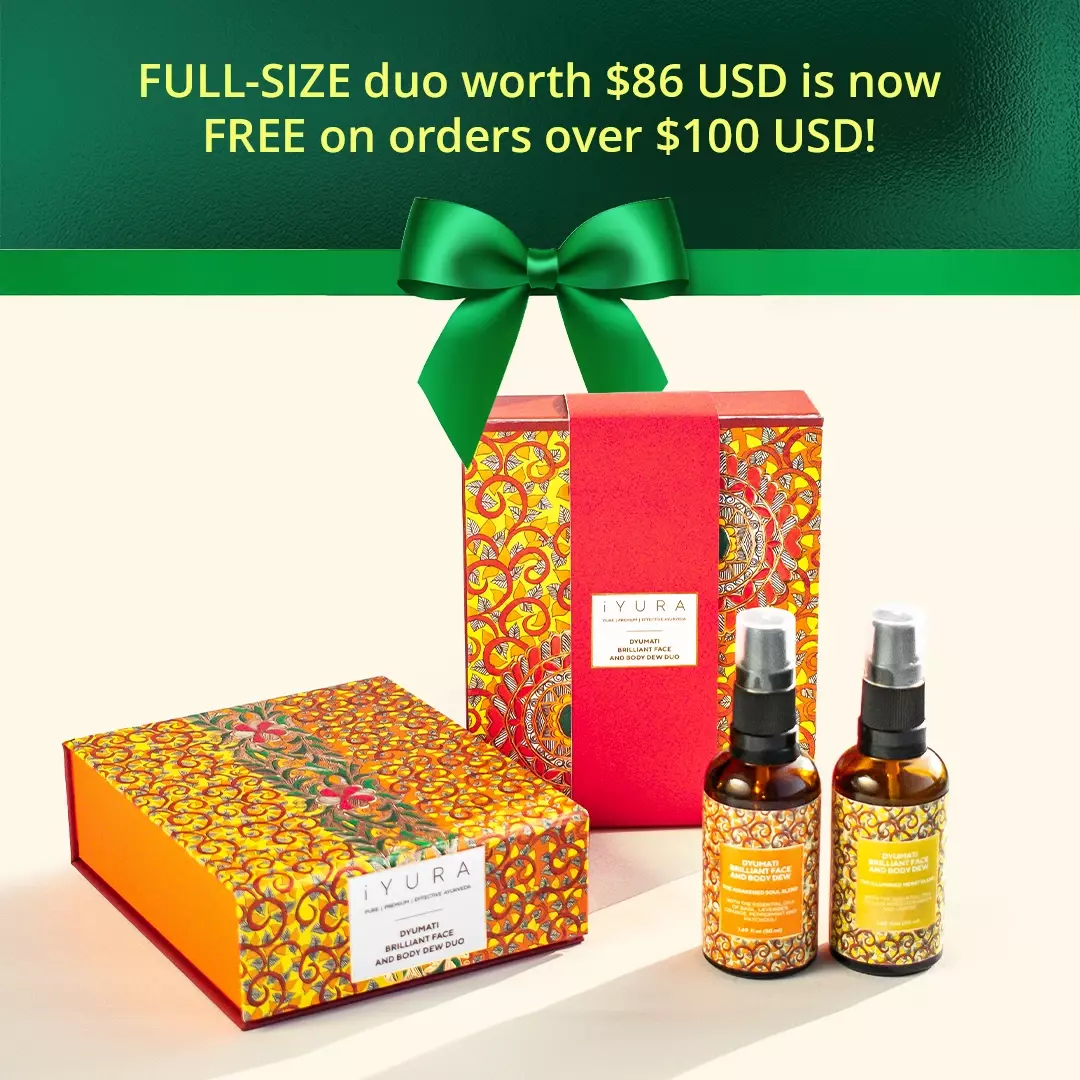 Dyumati pack with Ribbon text: FULL-SIZE duo worth $86 USD is now FREE on orders over $100 USD!