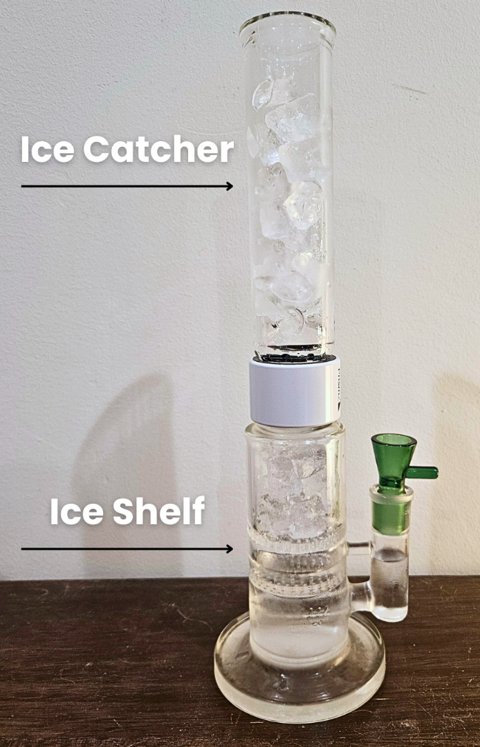Prism Honeycomb single stack modular bong in clear borosilicate glass, showing the ideal ice level for cooling. The mouthpiece is filled with ice cubes from the ice pinches to two inches below the rim, while the beaker base contains ice in the water chamber. This setup illustrates maximum surface area filtration and smoke cooling in a honeycomb percolator bong.