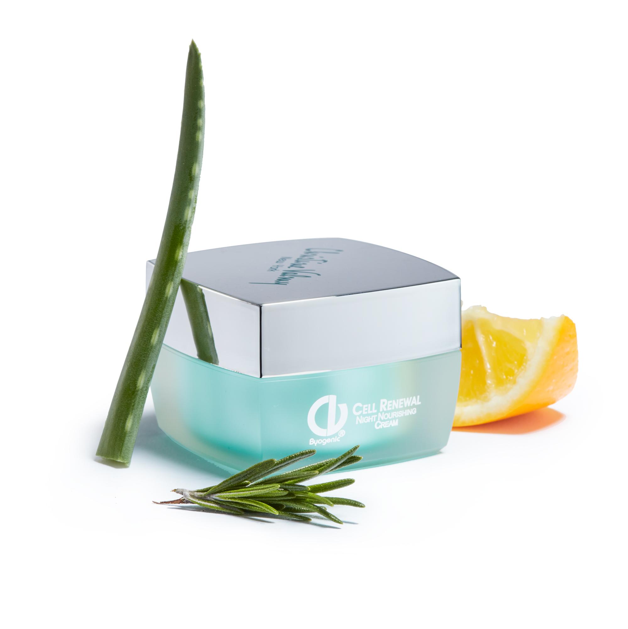 Cell Renewal Cream surrounded by aloe vera, oranges, and rosemary.