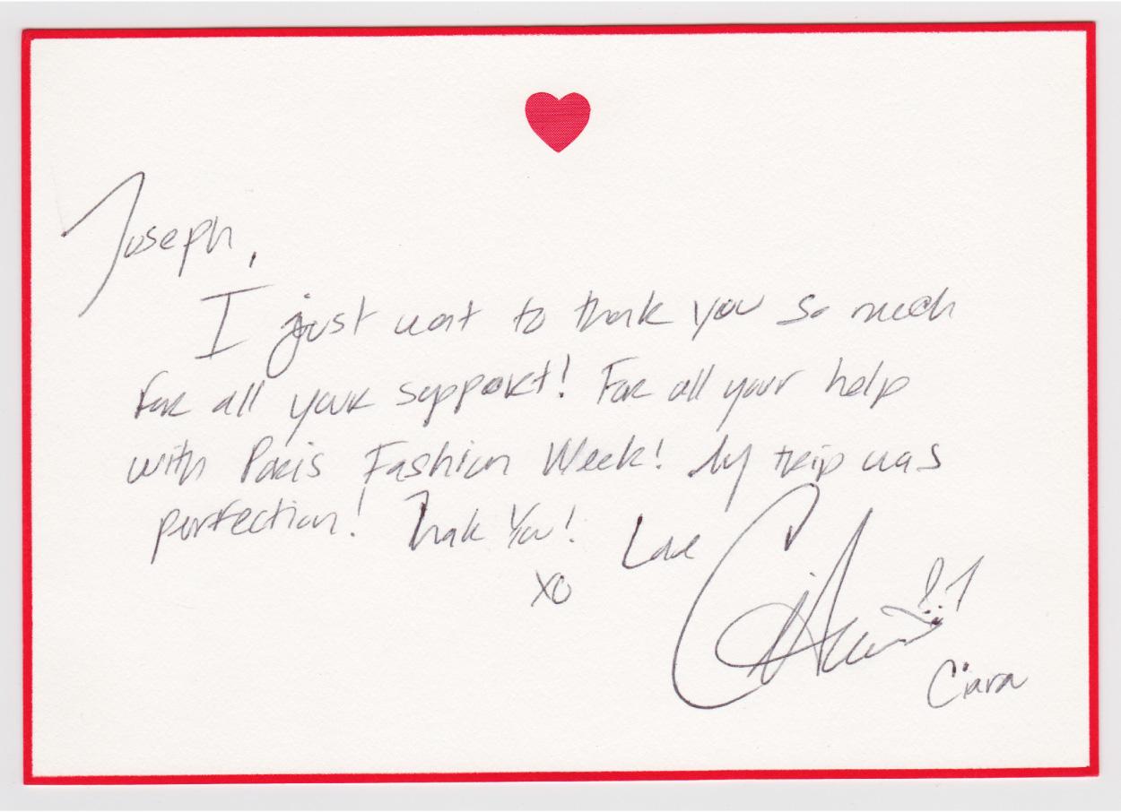 A handwritten thank you note to Joseph Quartana from Ciara