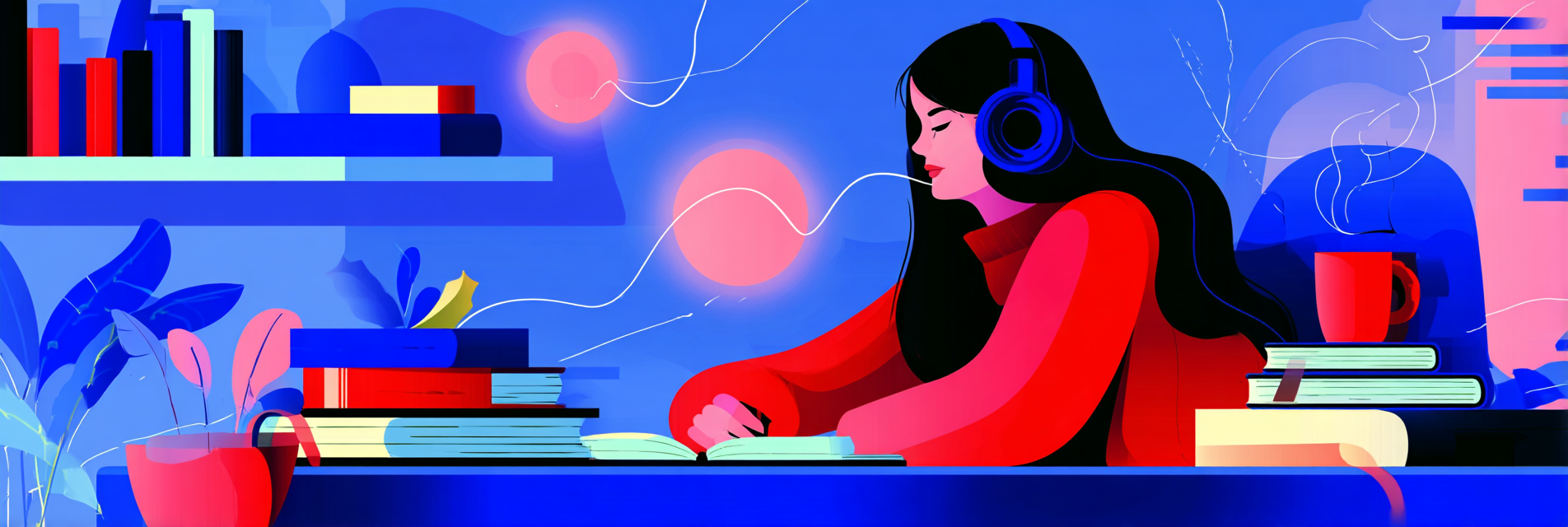 A girl with black hair sitting on her desk writing in a notebook, listening to ASMR on her headphones to help her study.