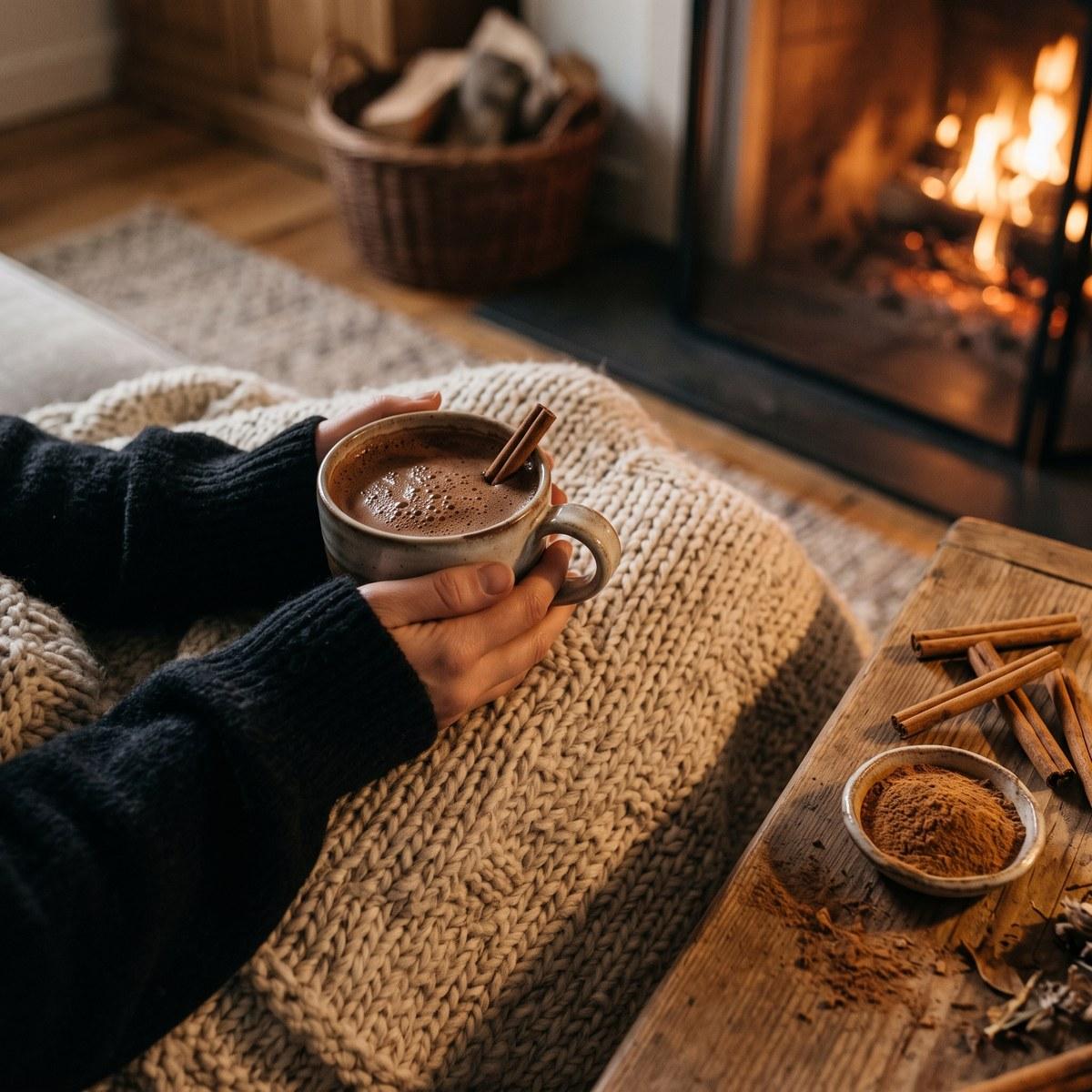 Mug of hot cacao with turkey tail by a cozy fireplace
