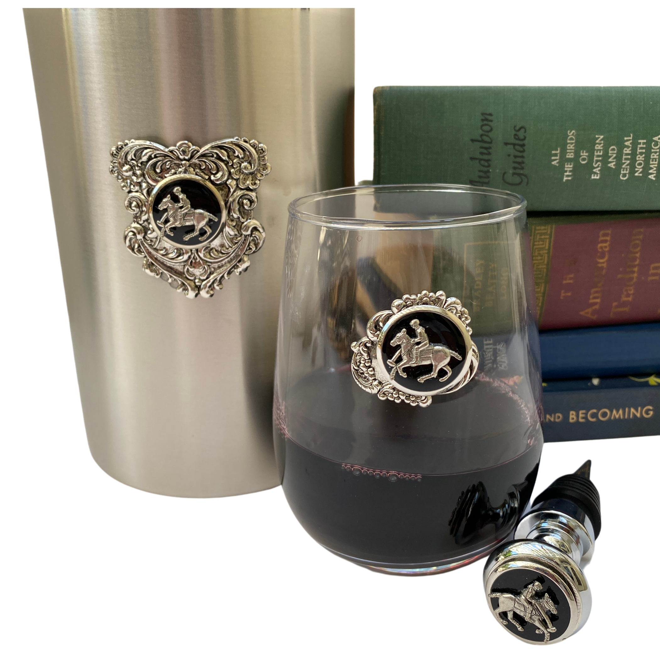 Polo gifts by Classic Legacy include the wine cooler, stemless wine glass, and wine bottle stopper