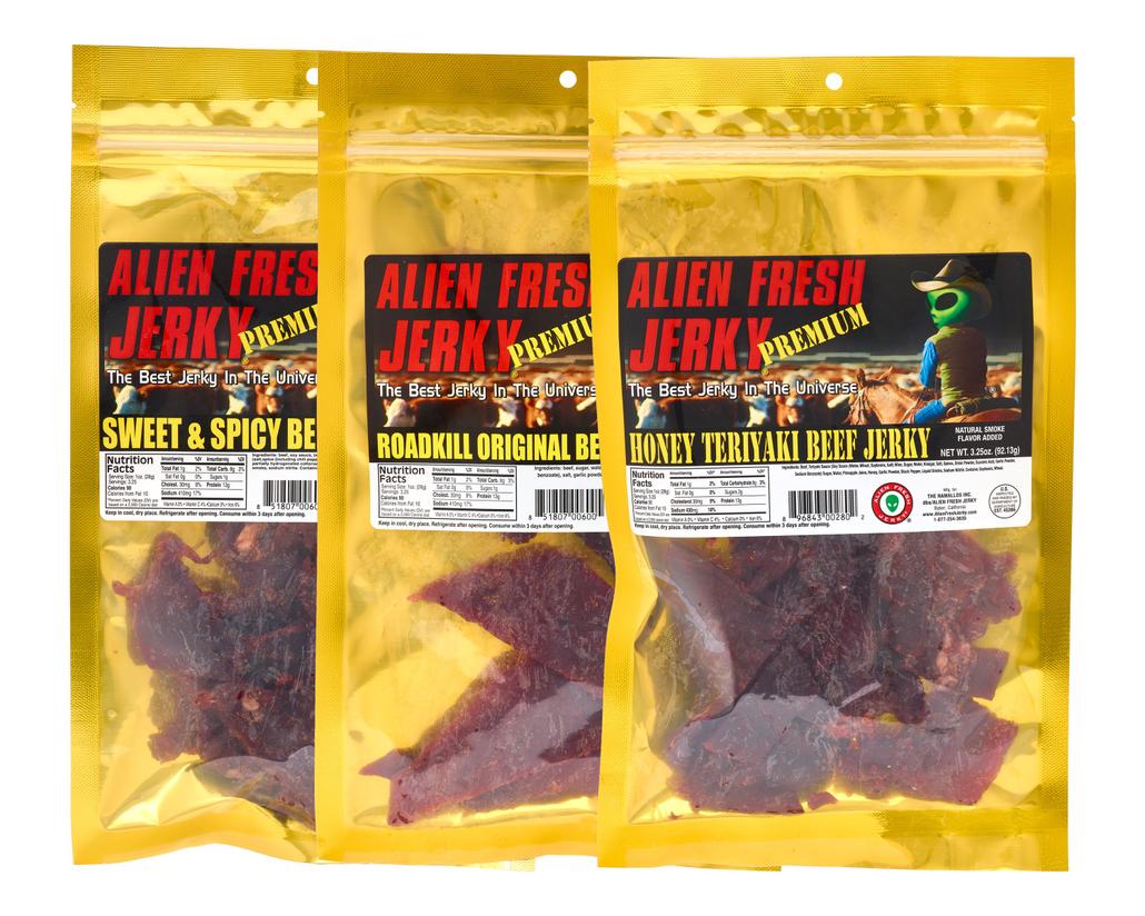 Alien Fresh Jerky - 3-Pack Best Sellers: Sweet & Spicy, Roadkill Original, and Honey Teriyaki Beef Jerky in 3.25oz bags