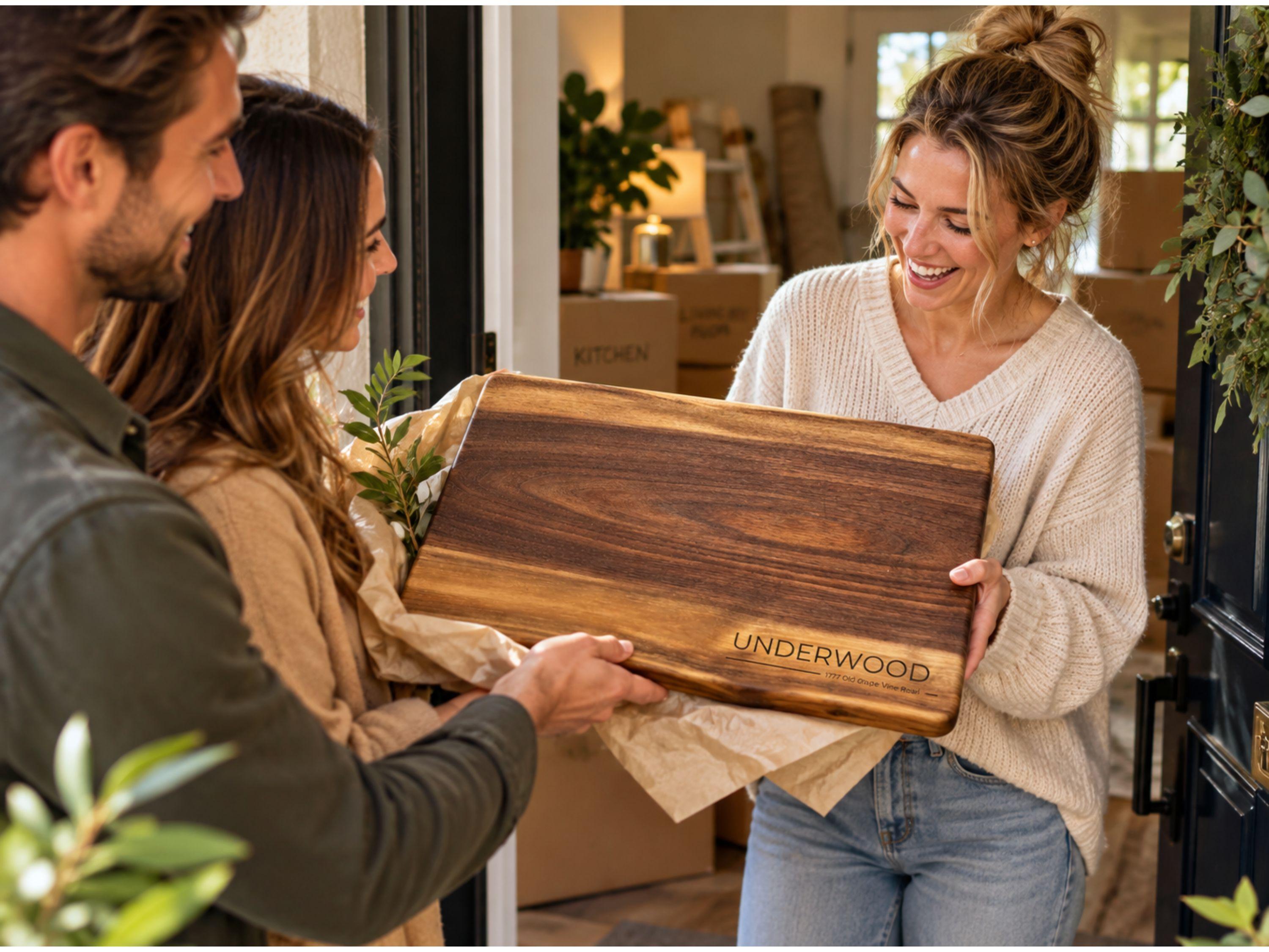 Friends giving a personalized live edge walnut charcuterie board as a housewarming gift