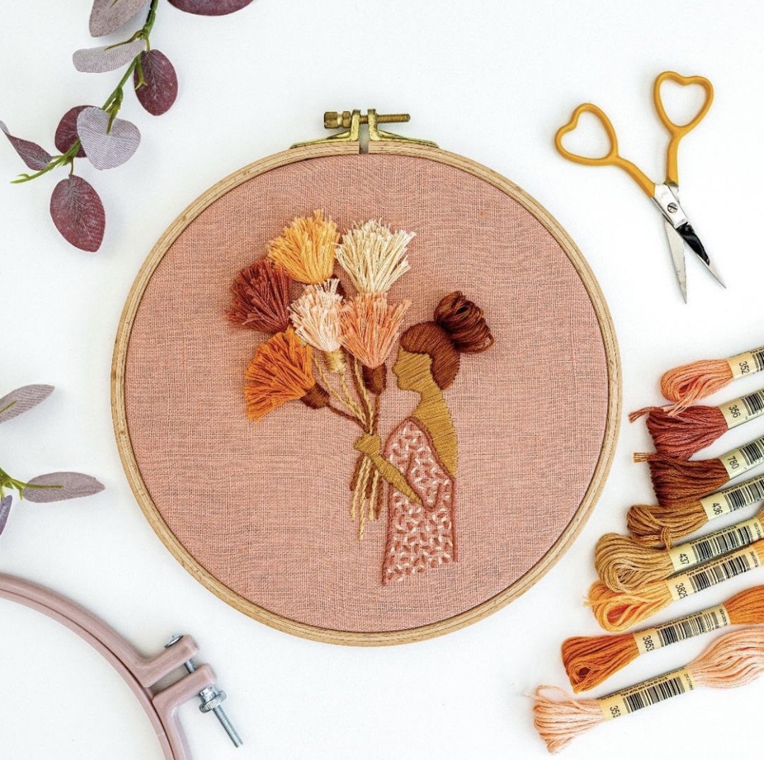 This image shows The Maker's Academy pattern The Florist on pink Vintage Blush linen, available for purchase from the Clever Poppy Shop.