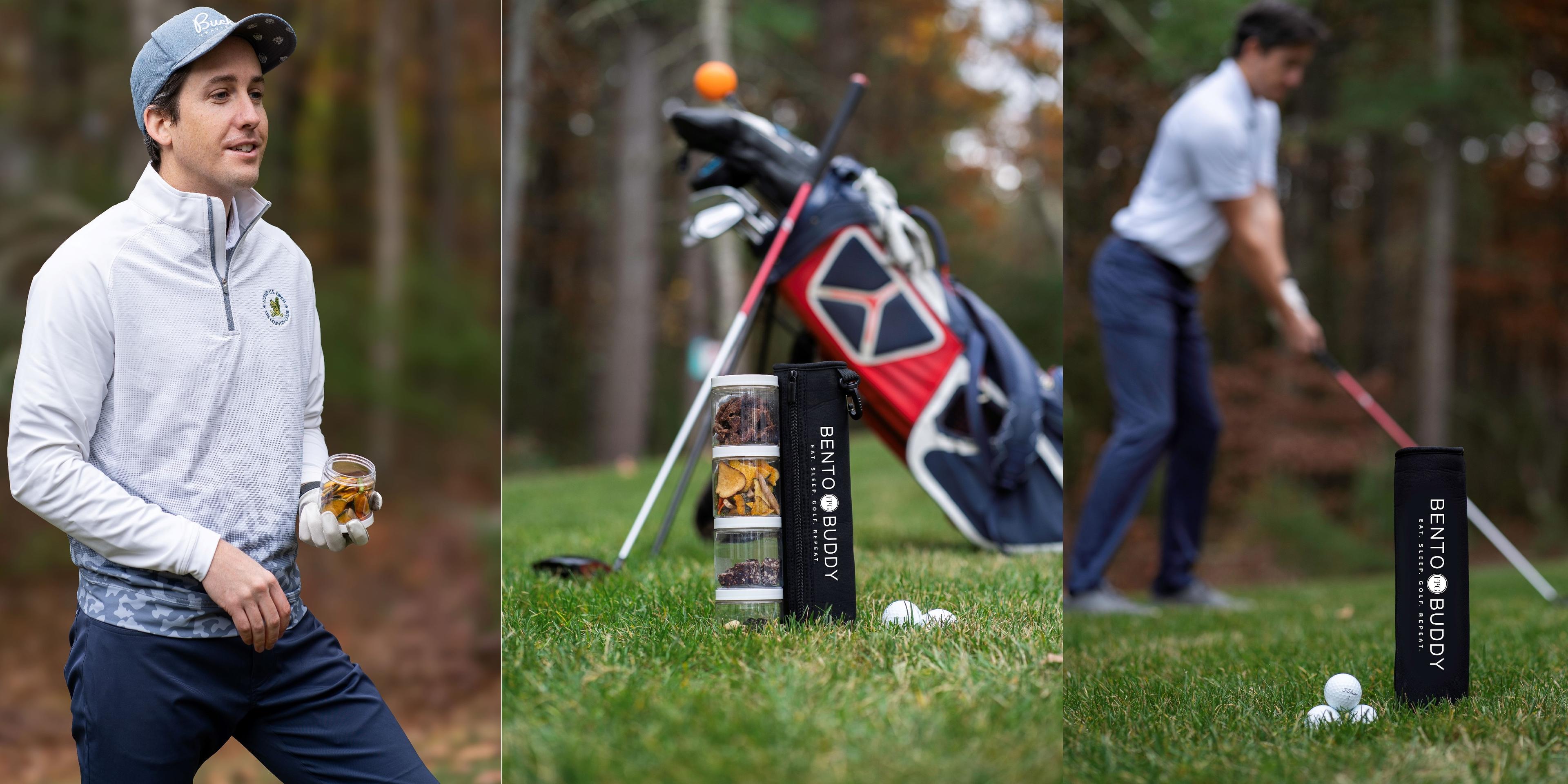 Golf snack holder and jars with delicious snacks on a golf course