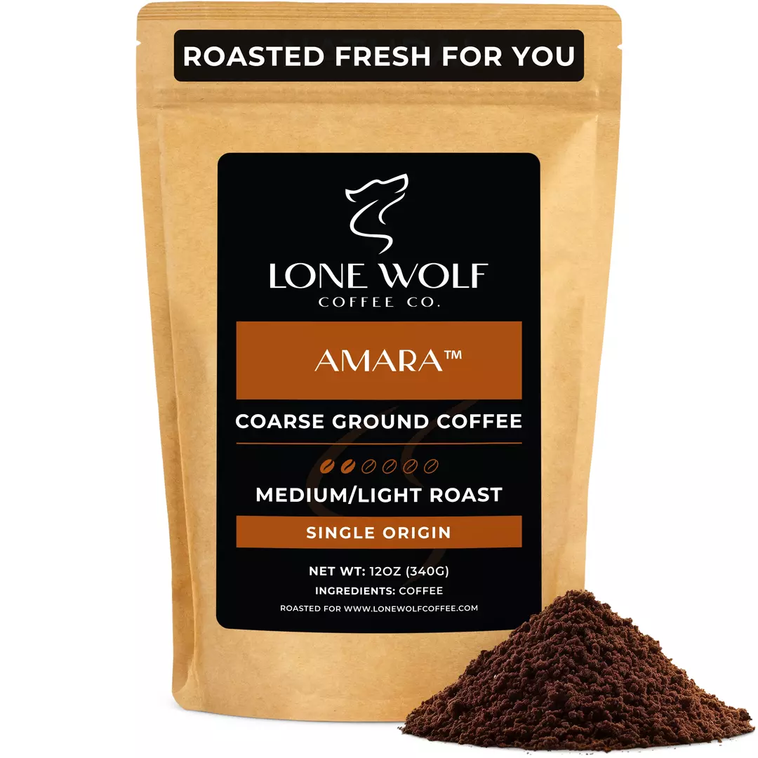One 12oz bag of Lone Wolf Coffee’s Half Moon Decaf Medium Roast Coarse Ground coffee bag product photo