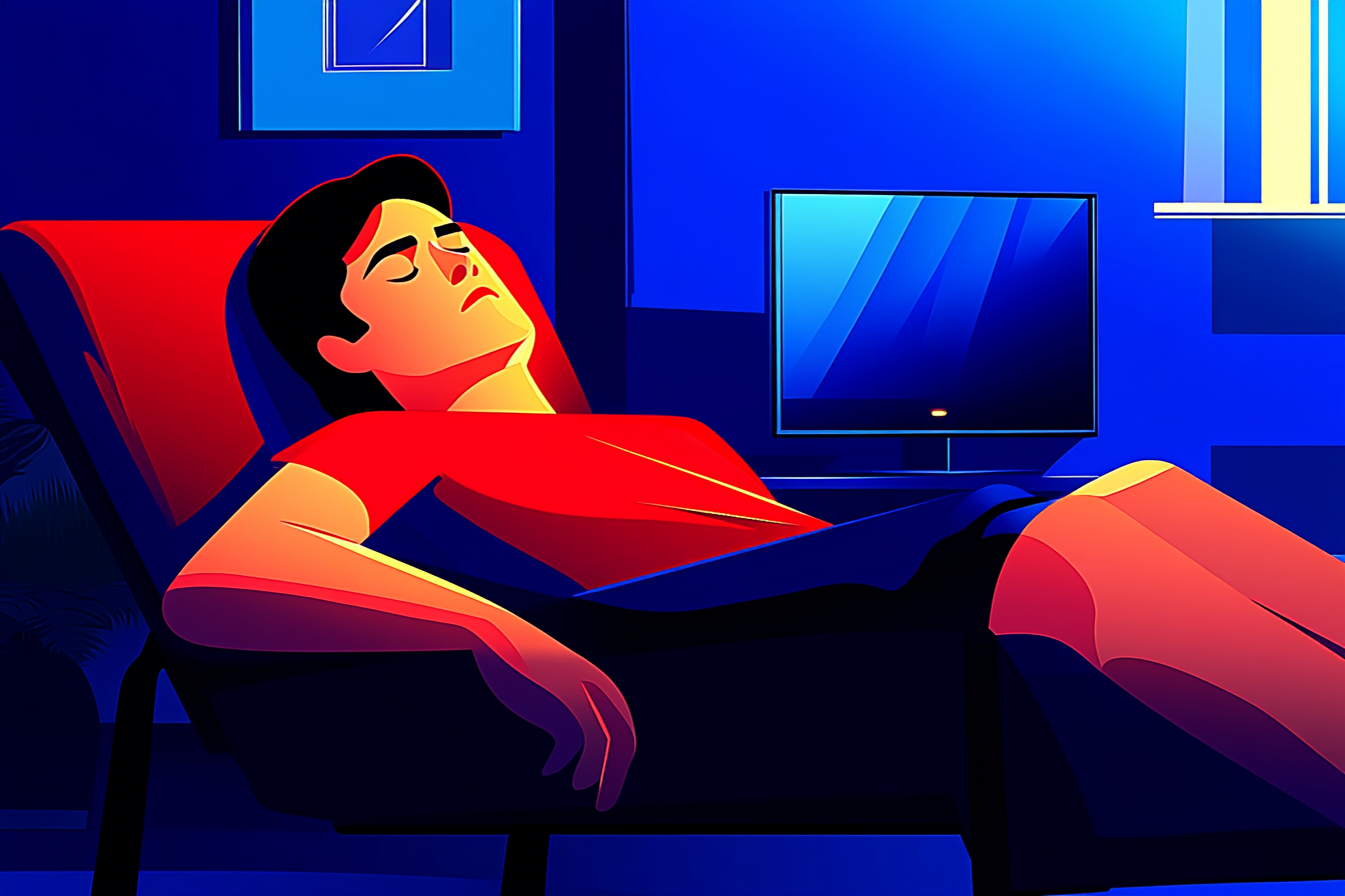 A man sitting up on a recliner falls asleep near a TV.