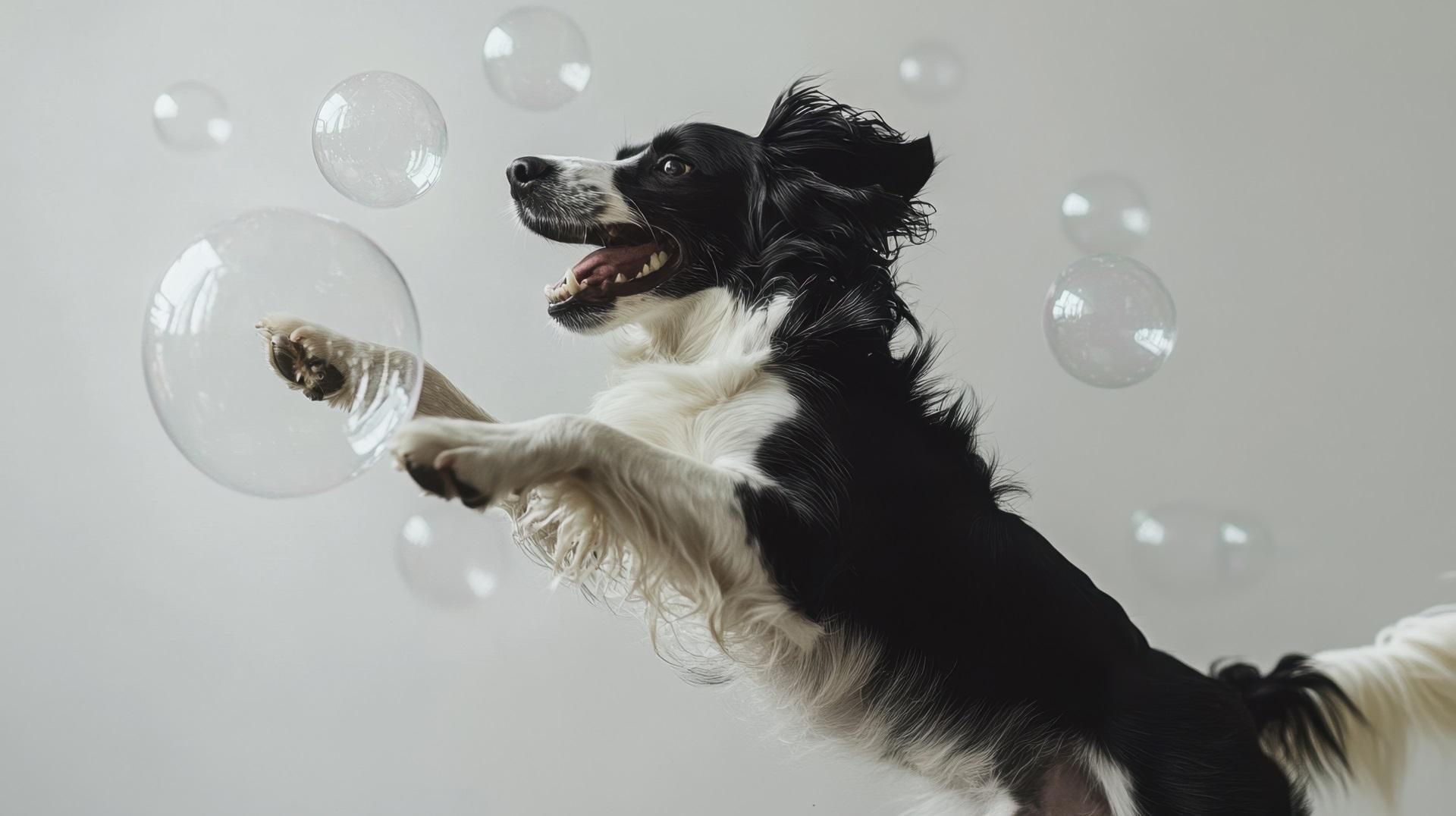 A lively dog joyfully leaps towards floating bubbles, capturing the essence of playful energy and companionship in a bright studio environment