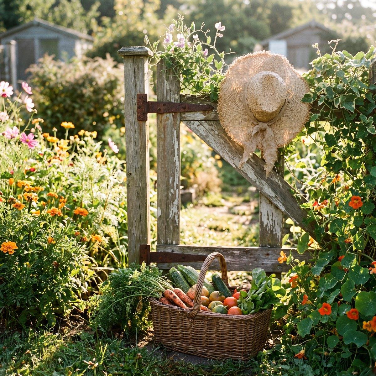 Sunny garden gate with a straw hat and a basket of fresh produce