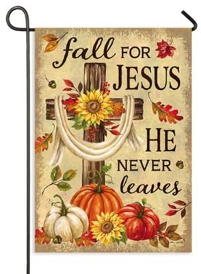 Fall for Jesus, He Never Leaves with a cross and pumpkins