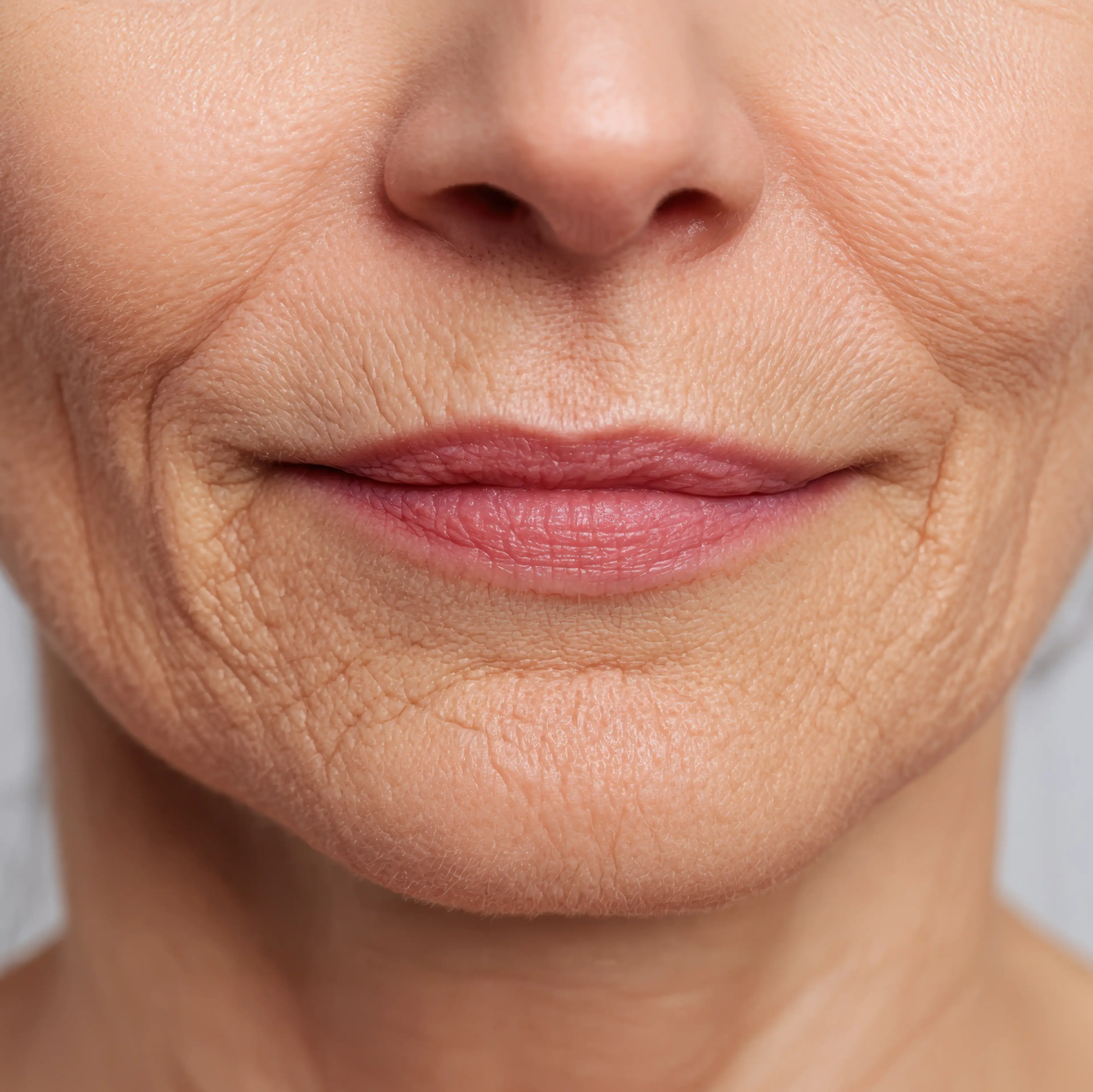 Old woman with aging skin and signs of skin damage