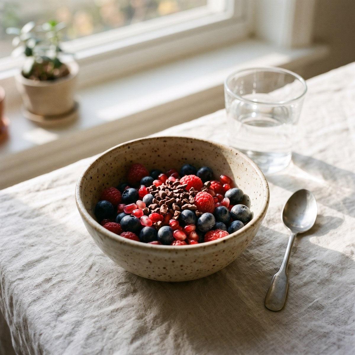 Bowl of fresh berries topped with wild cacao nibs by a sunny window