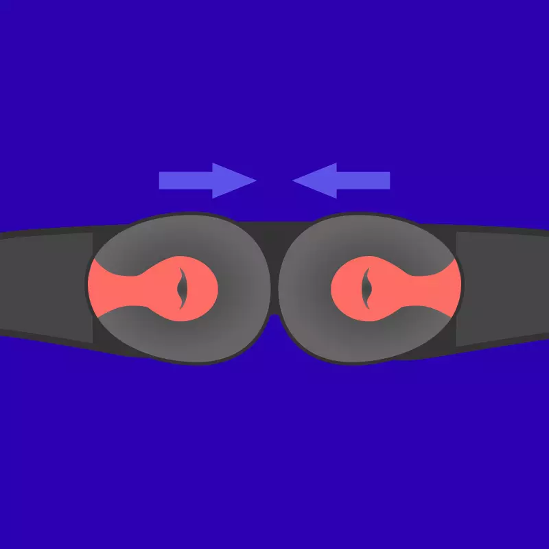 Eye cups of a sleep mask with headphones attached to the interior of its head strap. Arrows pointing inwards are seen on top of the mask.
