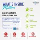 Supplement facts panel: Iron Repair Simply contains 20 mg iron (111% DV) concentrated from non-GMO, grass-fed, grass-finished bovine spleen per capsule, 90 servings per bottle, with only bovine gelatin capsule and L-leucine as other ingredients. Iron Repair Simply is clean label, non-GMO, third-party tested, and free of dairy, soy, gluten, and artificial dyes.