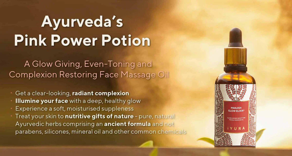 Manjish Glow Elixir's bottle in its natural, glowing habitat - with 4 ways in which it brings out your best skin.