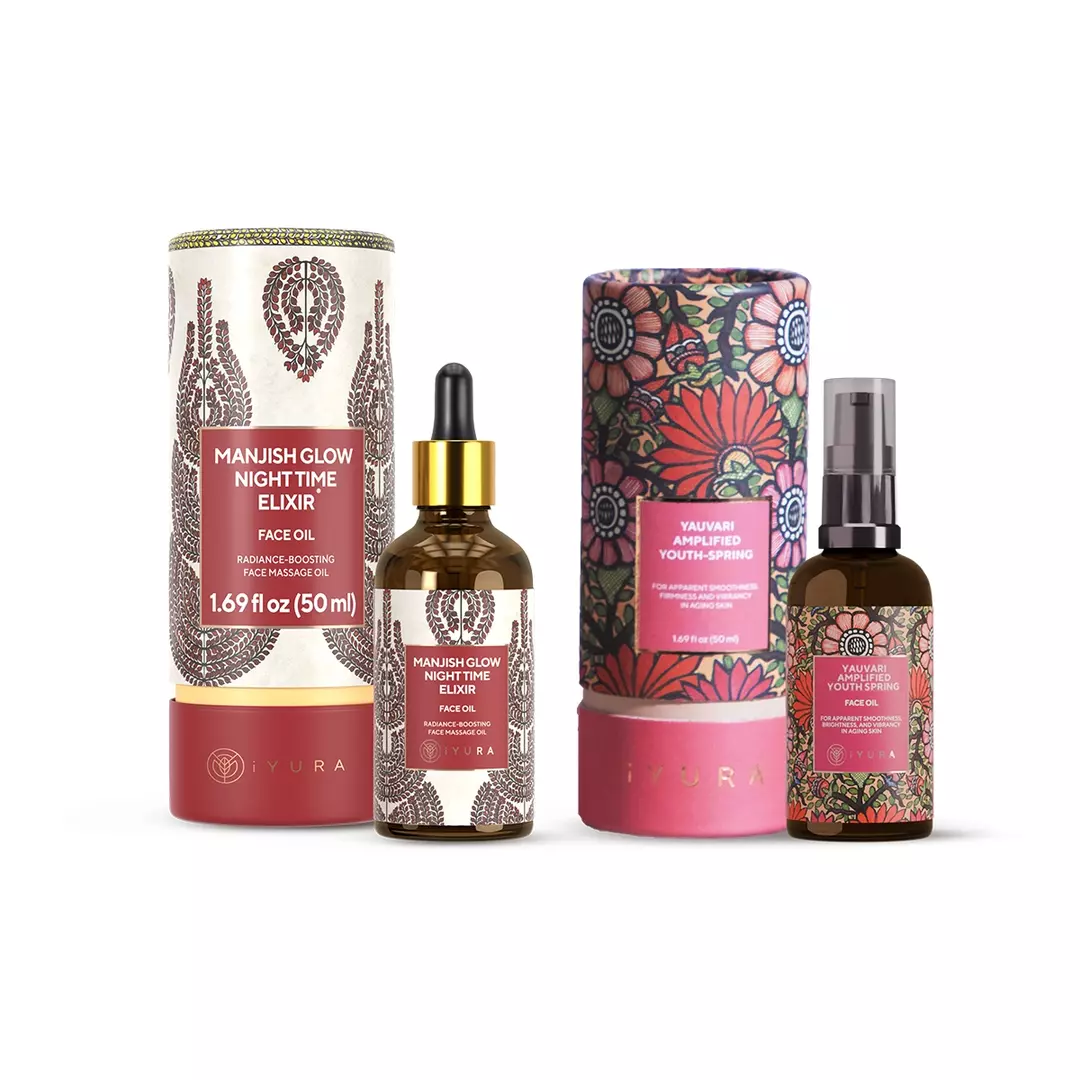 Yauvari Amplified Youth Spring and Manjish Glow Night Time Elixir placed on white background