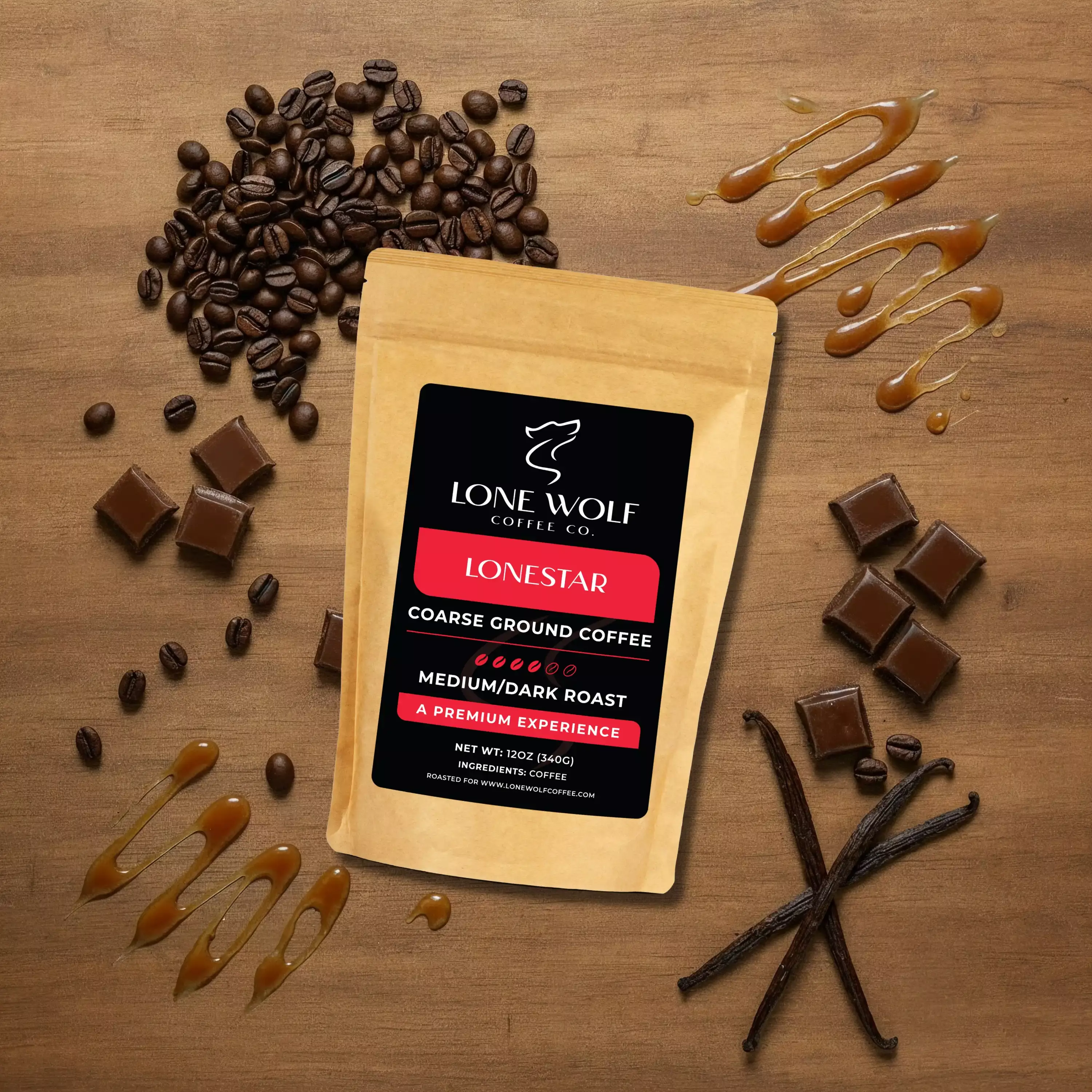 Lonestar coarse ground flavor profile image showing Lone Wolf Coffee with rich cacao, caramel sweetness, and vanilla notes.