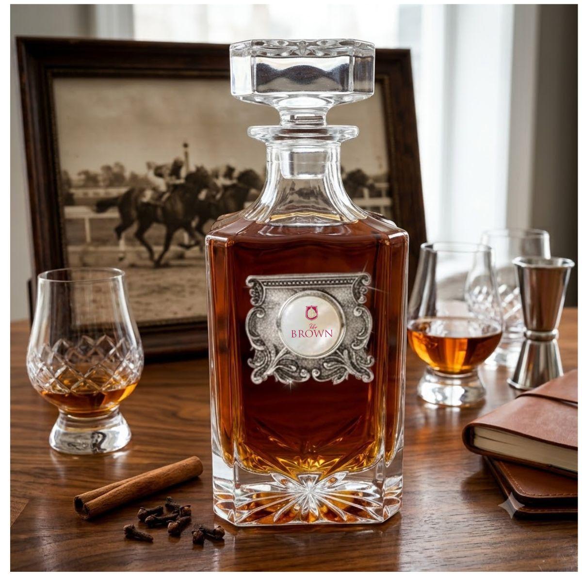 Custom Decanter with Silver Medallion and Logo