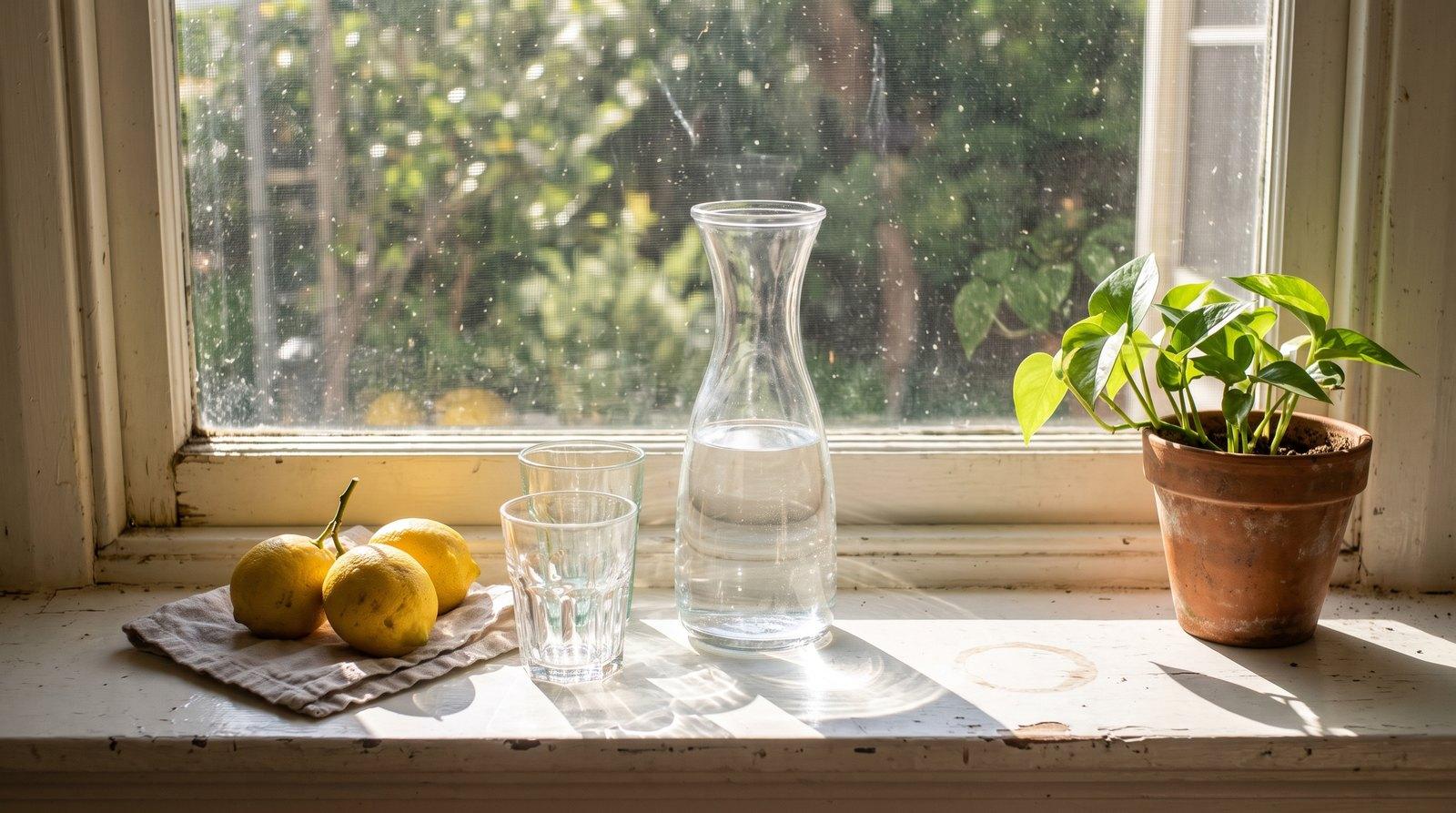 Glass carafe of water and drinking glasses on a sunny windowsill with lemons and a plant