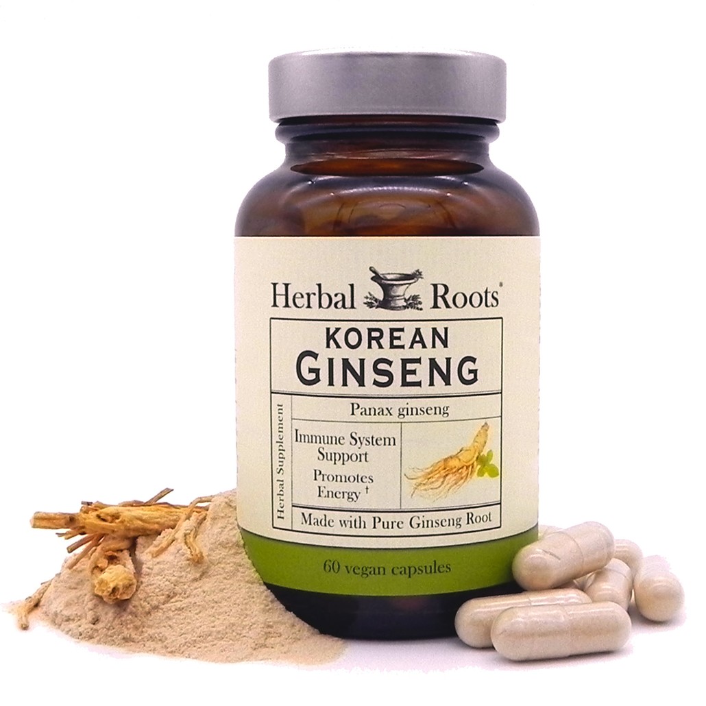Herbal Roots Ginseng bottle with capsules, dried ginseng root and pink ginseng powder on a white background.