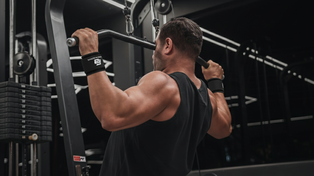 Woman lunging while lifting a dumbbell above her head wearing black lever belt