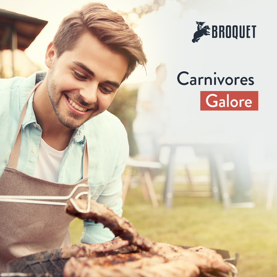 man smiling as he looks at the meat he's grilling, broquet logo, text reads: Carnivores Galore