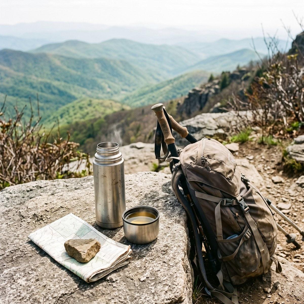 Thermos of gynostemma tea and a daypack at a mountain summit