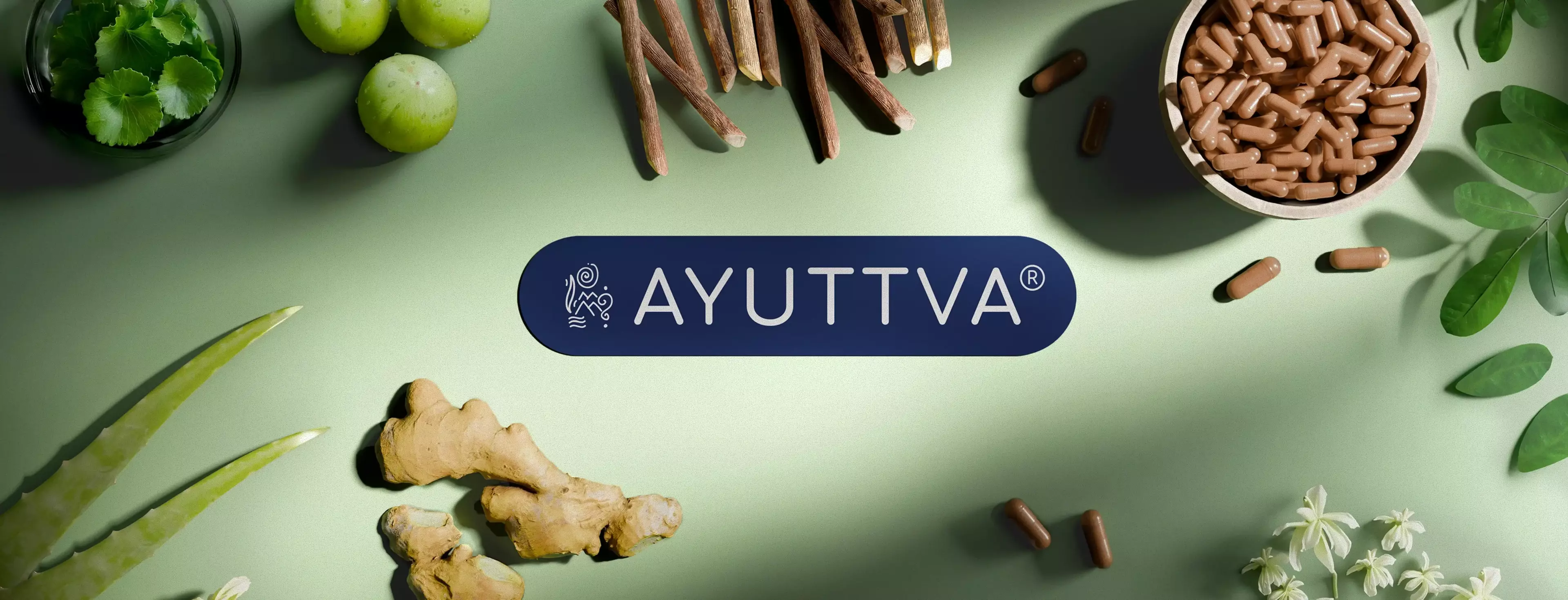 The logo of Ayuttva, featuring a emblem resembling a leaf or flower,