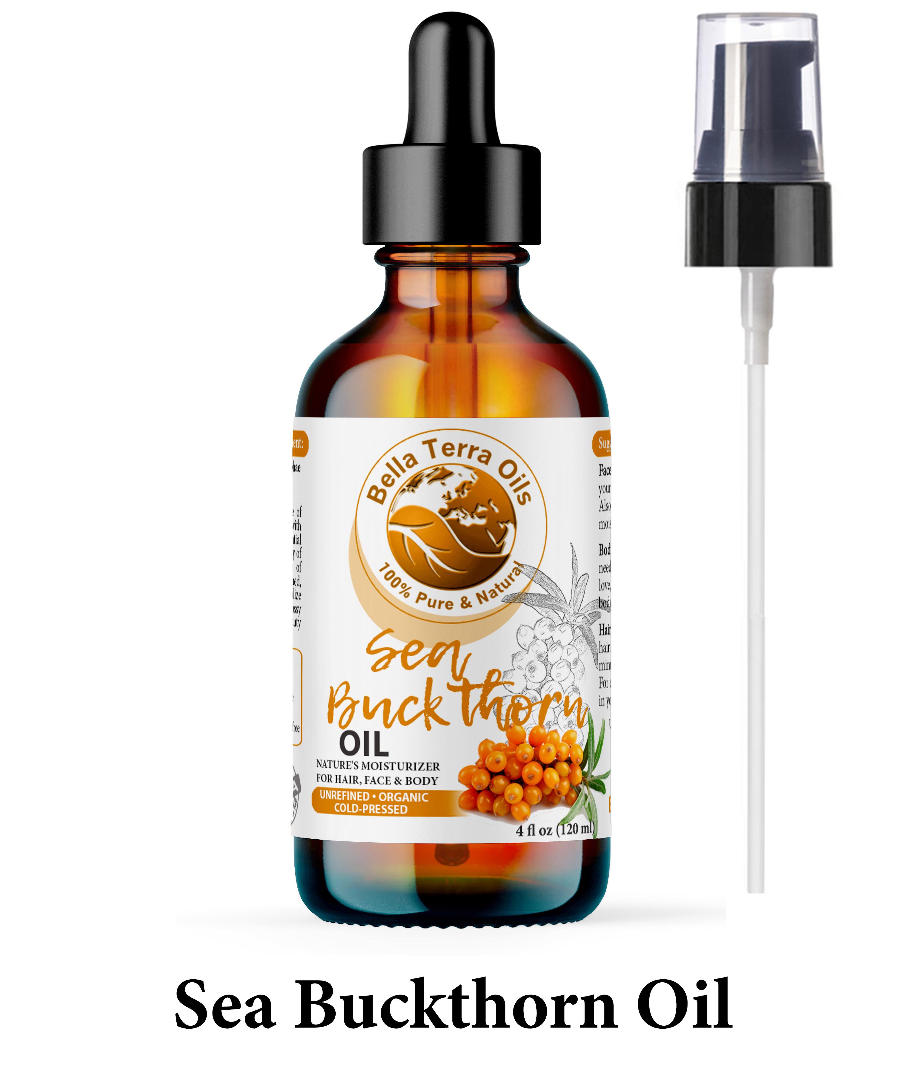 Bella Terra Oils Sea Buckthorn Oil packaged in an amber glass bottle with a dropper and a pump dispenser, featuring vibrant sea buckthorn berries on the label, promoting the oil's cold-pressed, organic, and unrefined benefits for comprehensive hair, face, and body care.