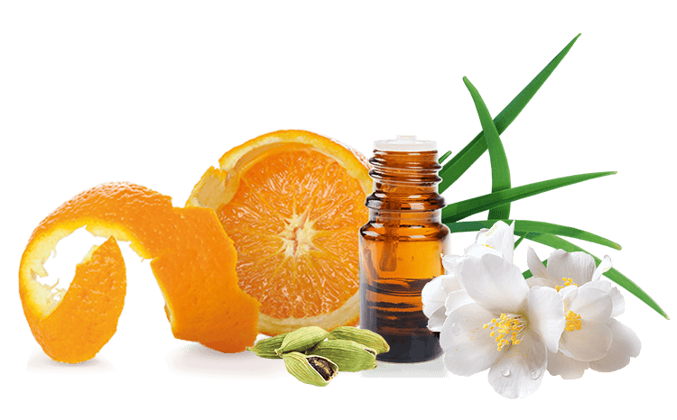 A collage of cardamom, lemongrass and orange oil, and jasmine