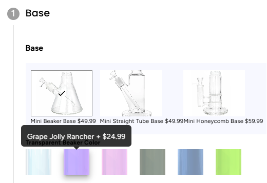 A screenshot of the Prism MINI 3D Custom Bong Builder interface, demonstrating how a user selects and customizes a glass base style.