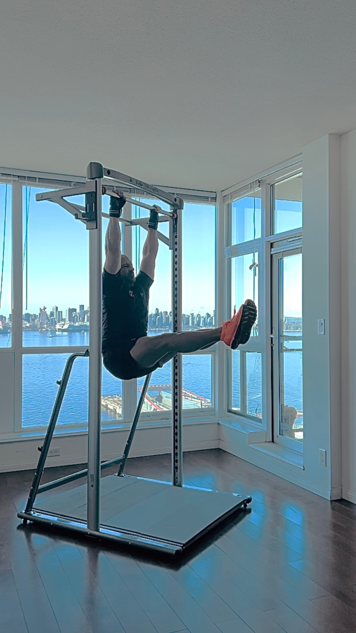 Hanging L-Sit Hold - SoloStrength speedfit home gym exercise equipment free bodyweight calisthenics isometrics stretching workouts