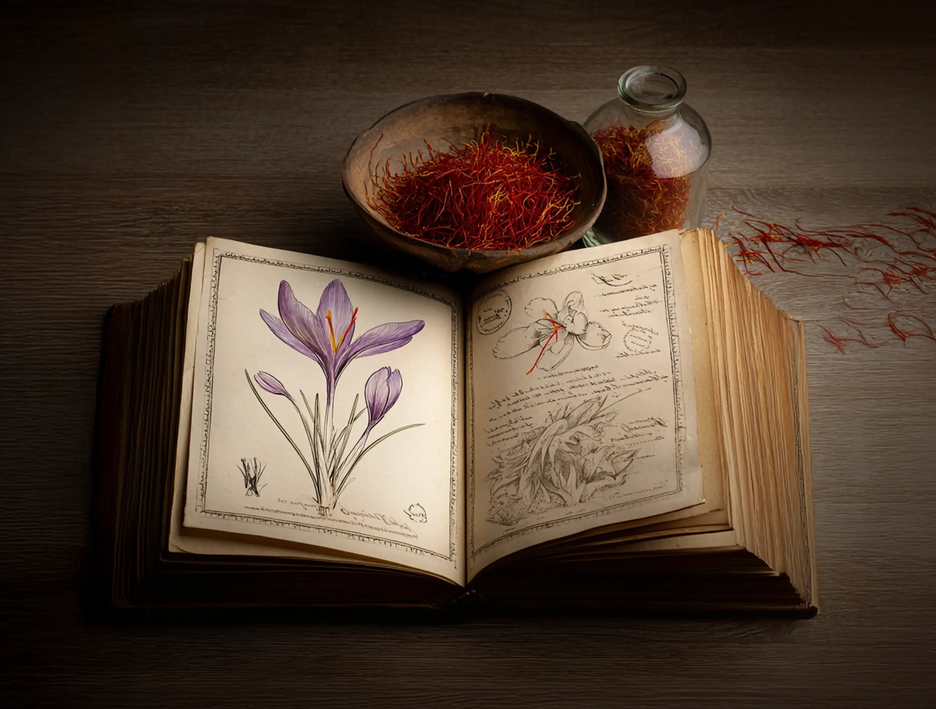 an old textbook listing the benefits of saffron and a bowl of saffron kept alongside