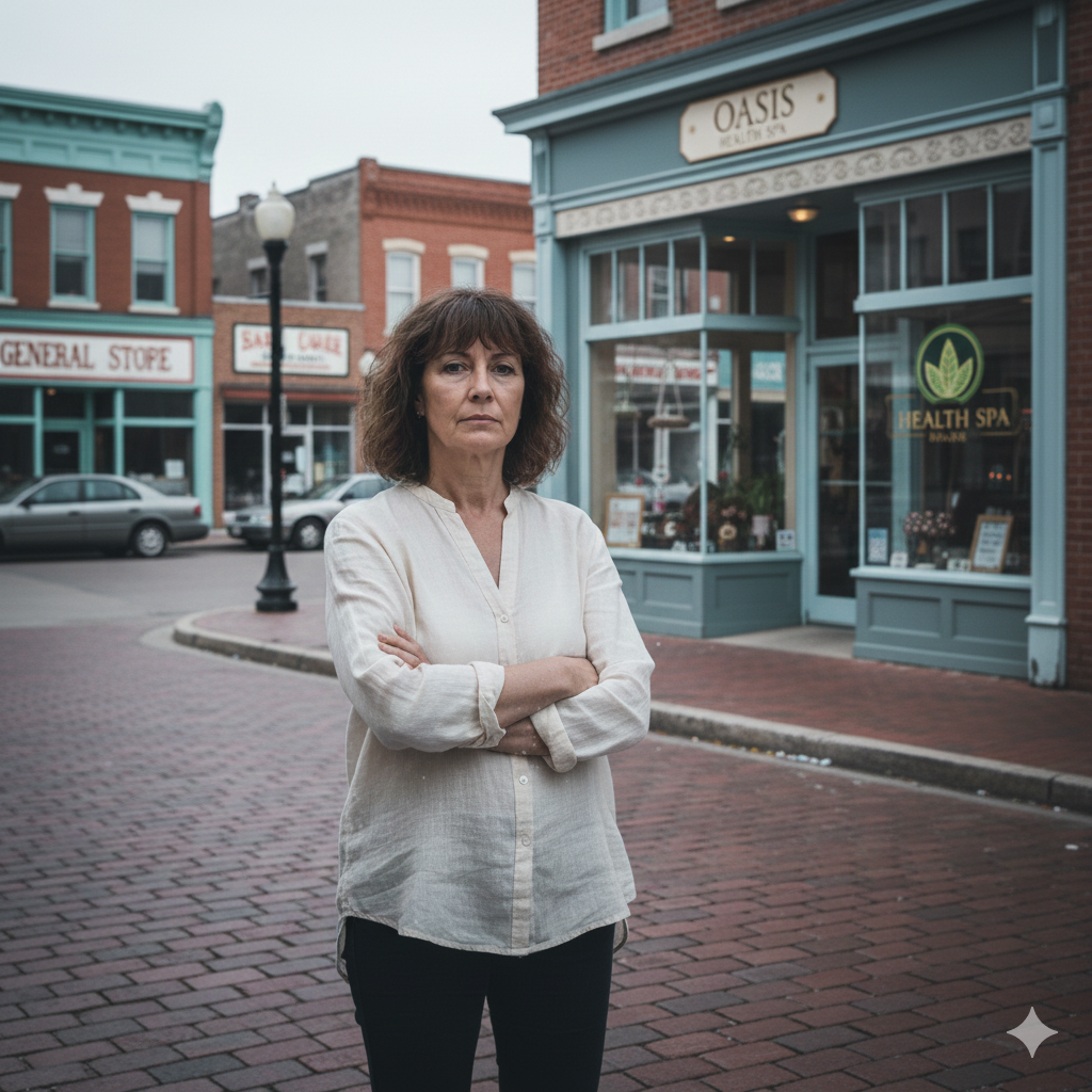 Woman standing by her small, local business with a stoic face