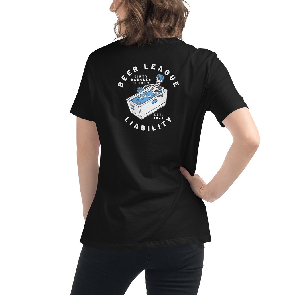 a woman showing the back of a black t shirt tee with a skeleton drinking a beer while sitting in a cooler of ice. beer league liability dirty dangles hockey est 2023. white background