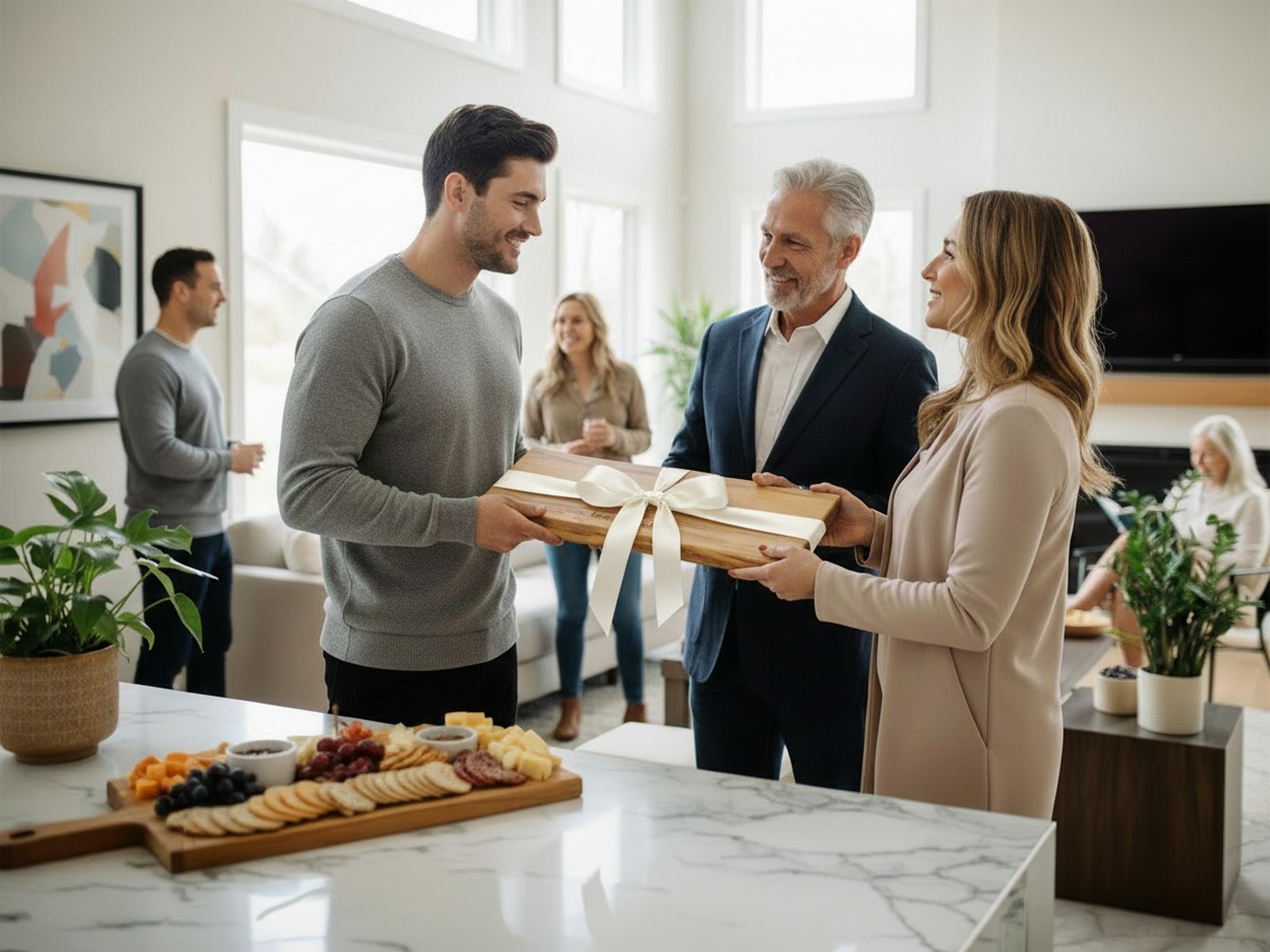 Friends giving a personalized live edge maple charcuterie board as a housewarming gift