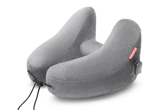 A gray inflatable pillow that can be used for napping or sleeping while traveling.