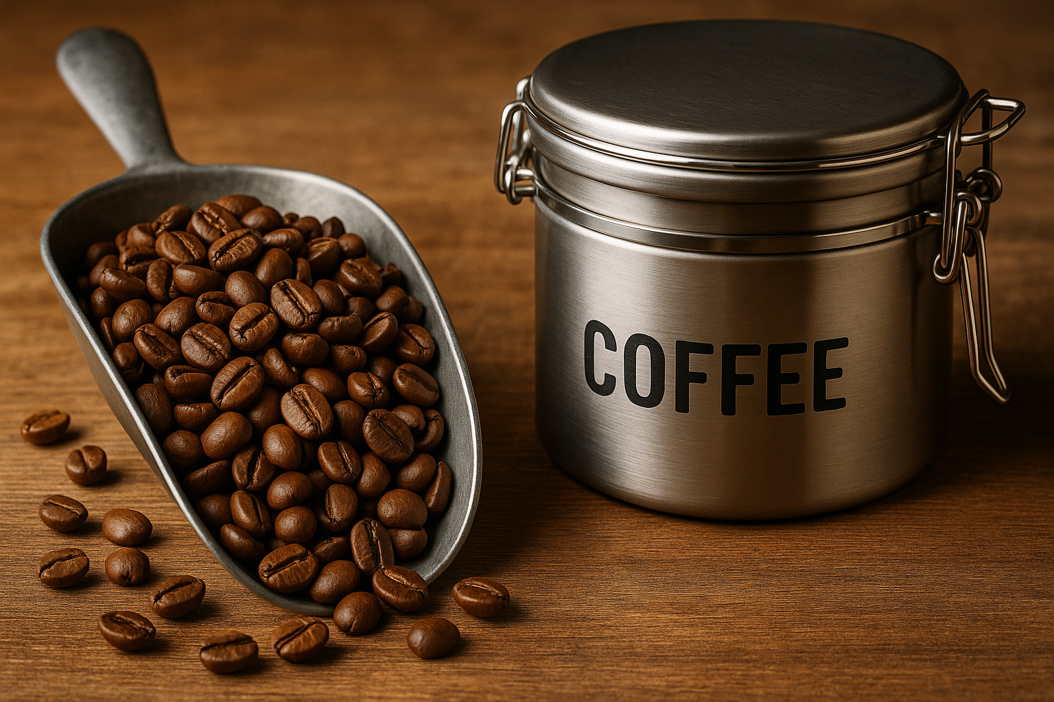 organic coffee beans stored in a dark pantry in an airtight container