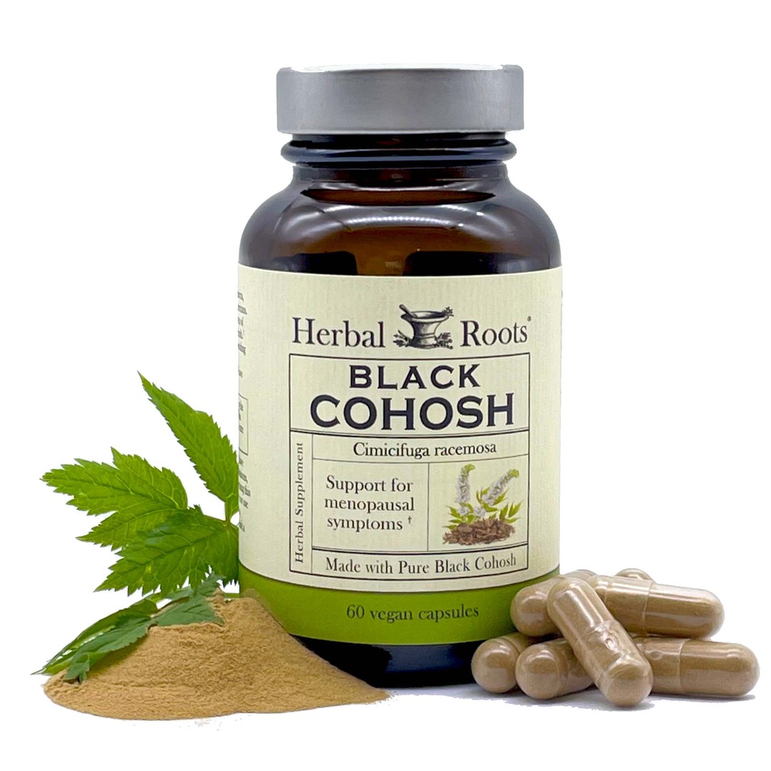 Bottle of Herbal Roots black cohosh with capsules on the right side and powder on the left