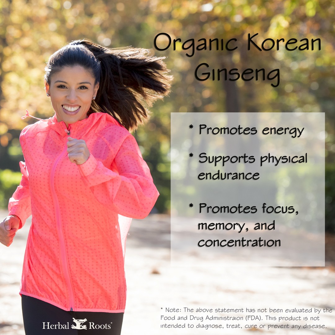 The right side of the image is a woman jogging on a path with trees in the background. On the left of the image is a text box that says Organic Korean Ginseng. Promotes energy, supports physical endurance, promotes focus, memory, and concentration