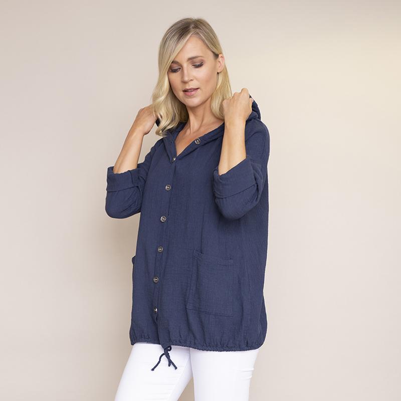 Crinkle Cotton Hoody Jacket (Navy)